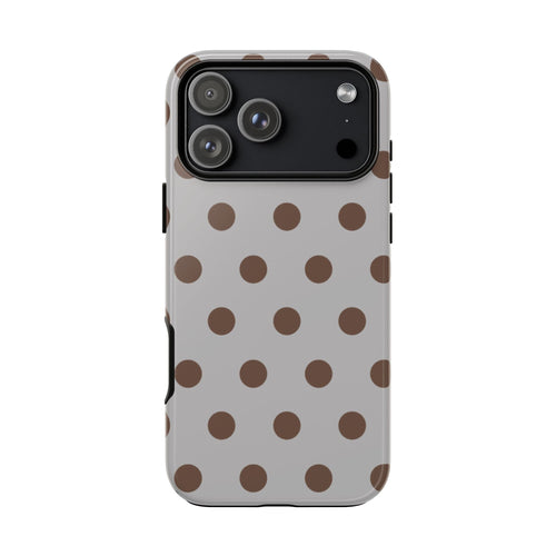 Heather gray polka dot phone case showing dual camera module