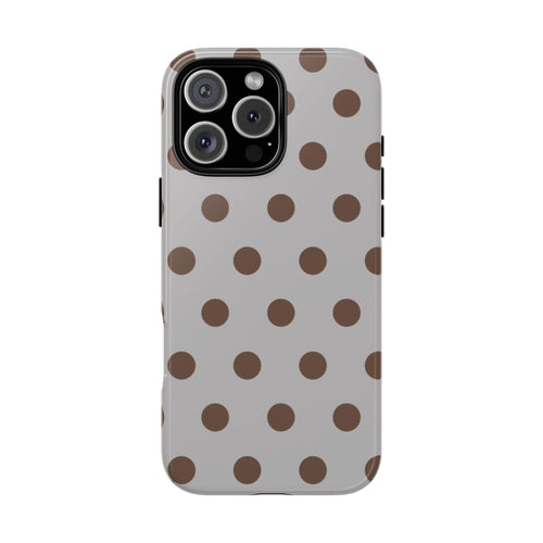 Heather gray phone case with brown polka dots and camera cutout