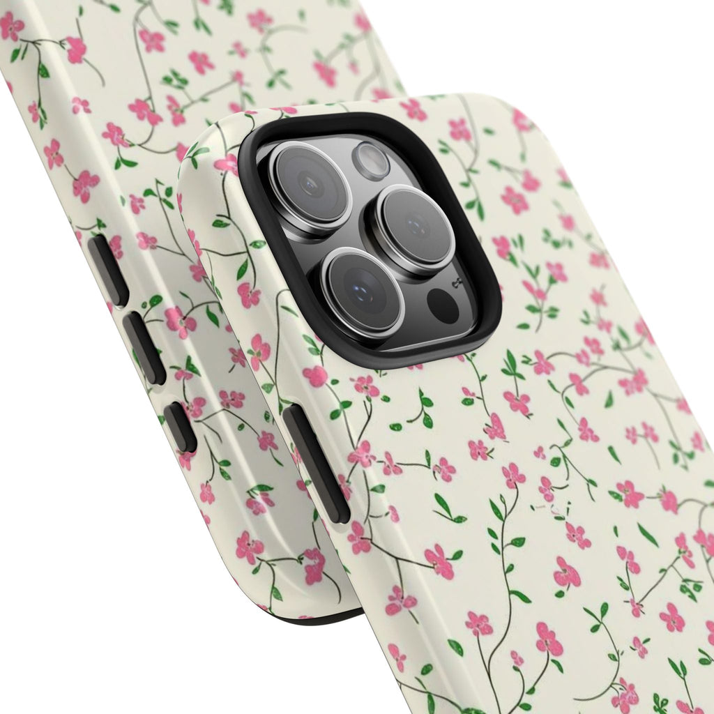 Heirloom bloom floral phone case close-up, camera cutout and side buttons with pink flowers