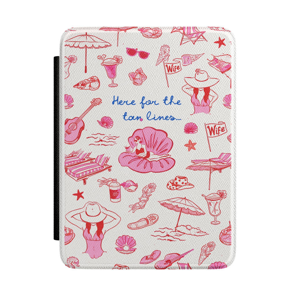 Hardcover Kindle case with pink beach icon pattern and 'Here for the tan lines' text