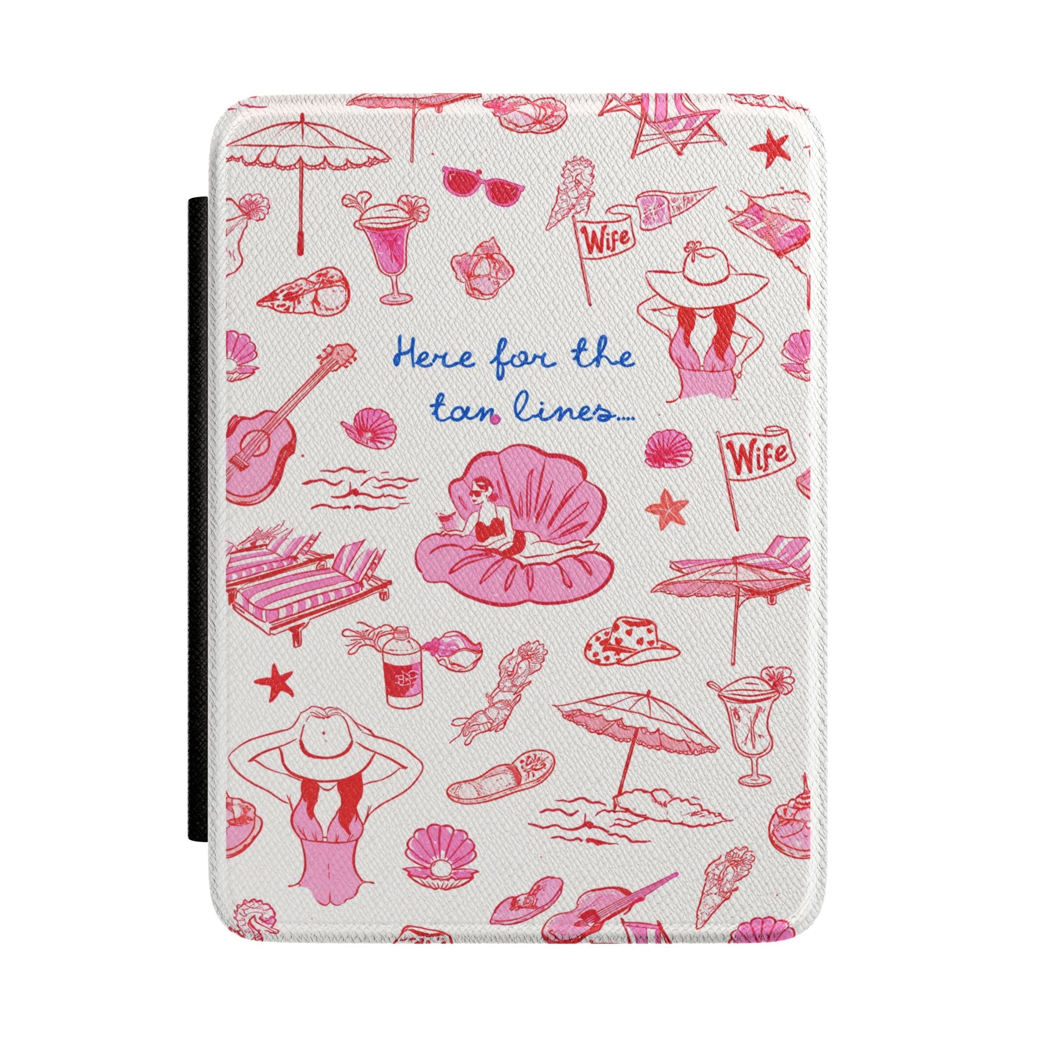 Hardcover Kindle case with pink beach icon pattern and 'Here for the tan lines' text