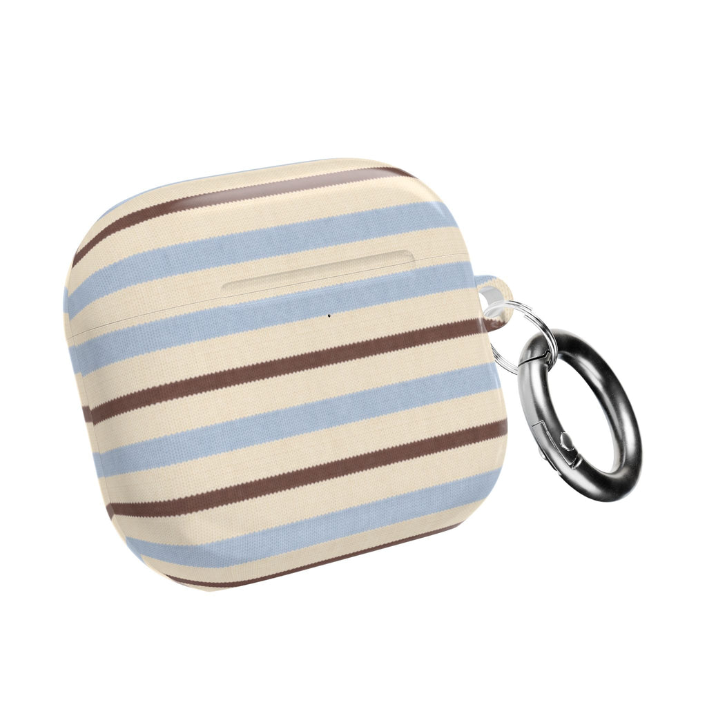 AirPods case with blue and brown stripes and metal key ring; side view