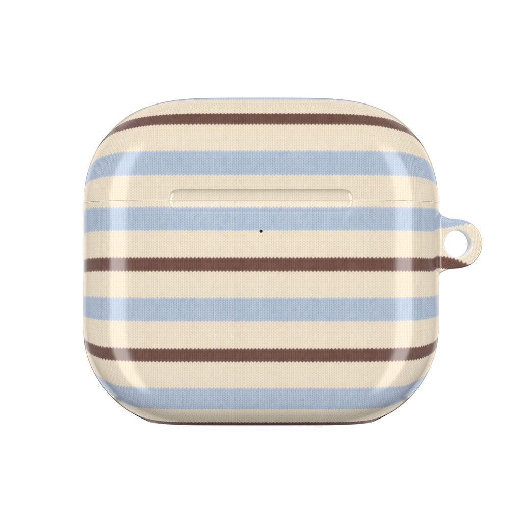 AirPods case with cream, blue, and brown stripes; back view with top slot