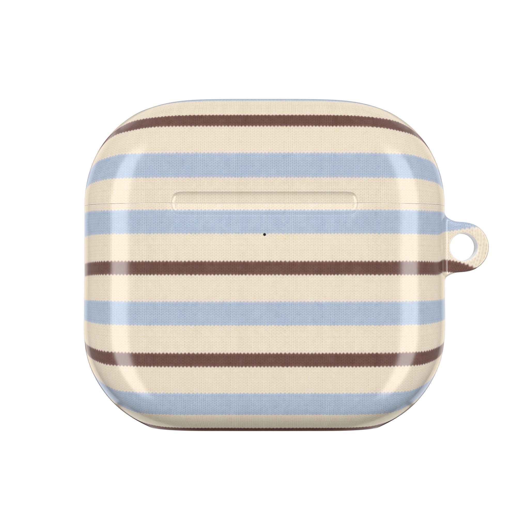 AirPods case with cream, blue, and brown stripes; back view with top slot