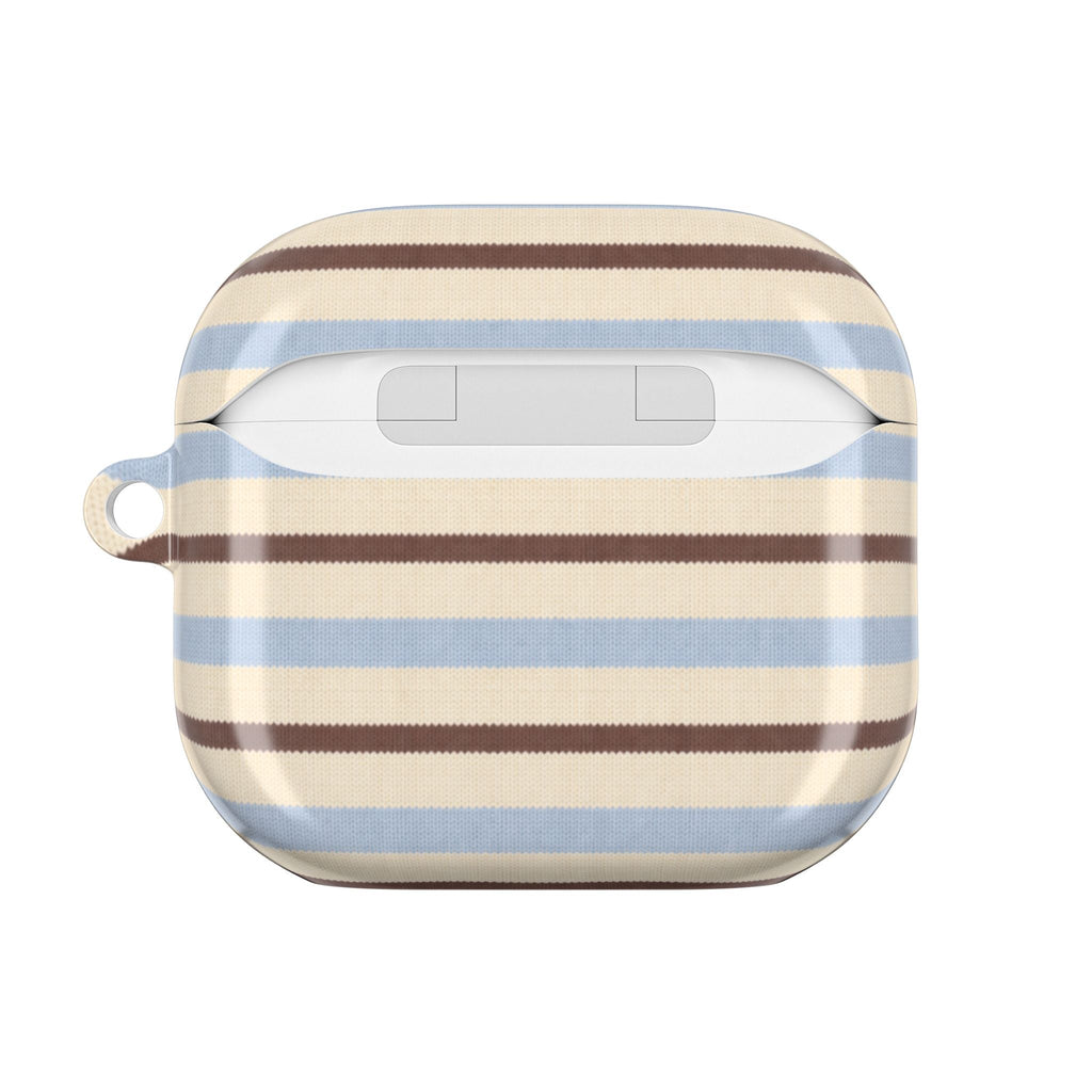 AirPods case in cream with blue and brown horizontal stripes, front view with button slot