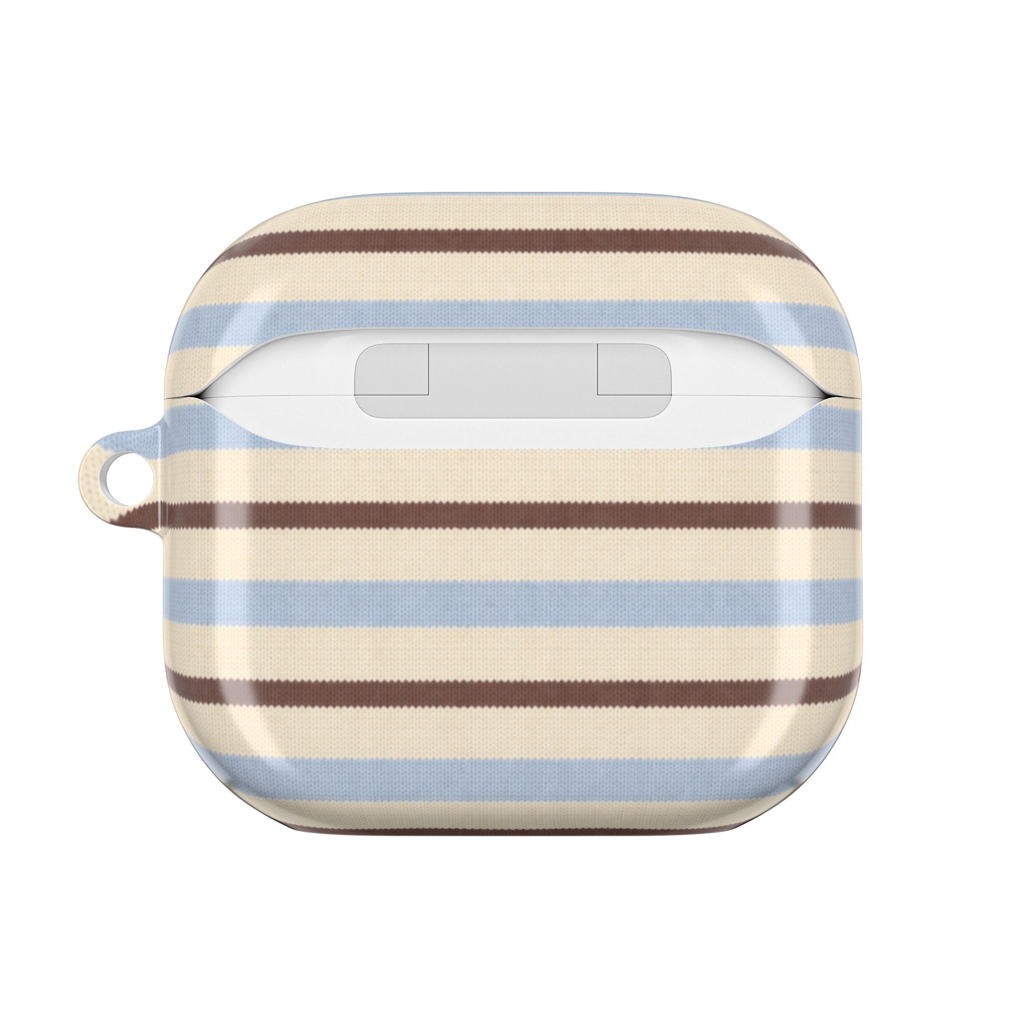 AirPods case in cream with blue and brown horizontal stripes, front view with button slot