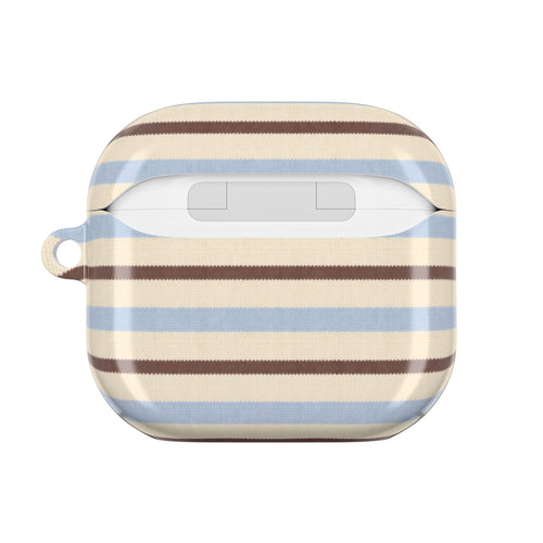 AirPods case in cream with blue and brown horizontal stripes, front view with button slot