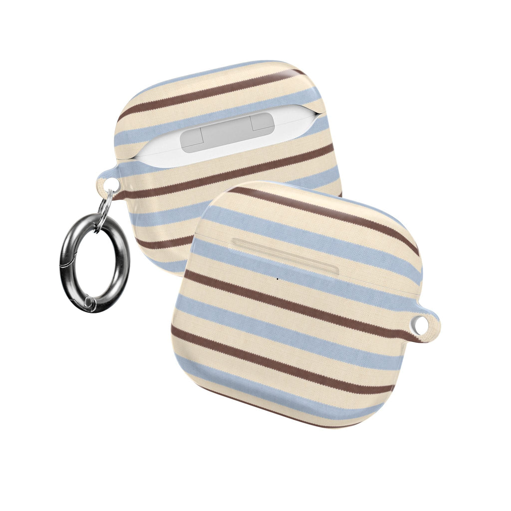 Pair of AirPods cases with blue and brown striped fabric, metal key rings