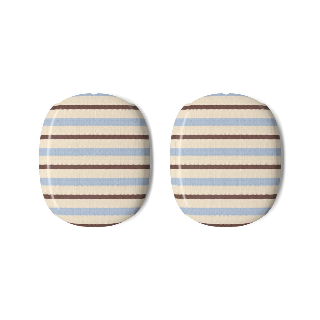 Pair of AirPods Max ear pad covers, striped fabric in blue, cream, and honey brown