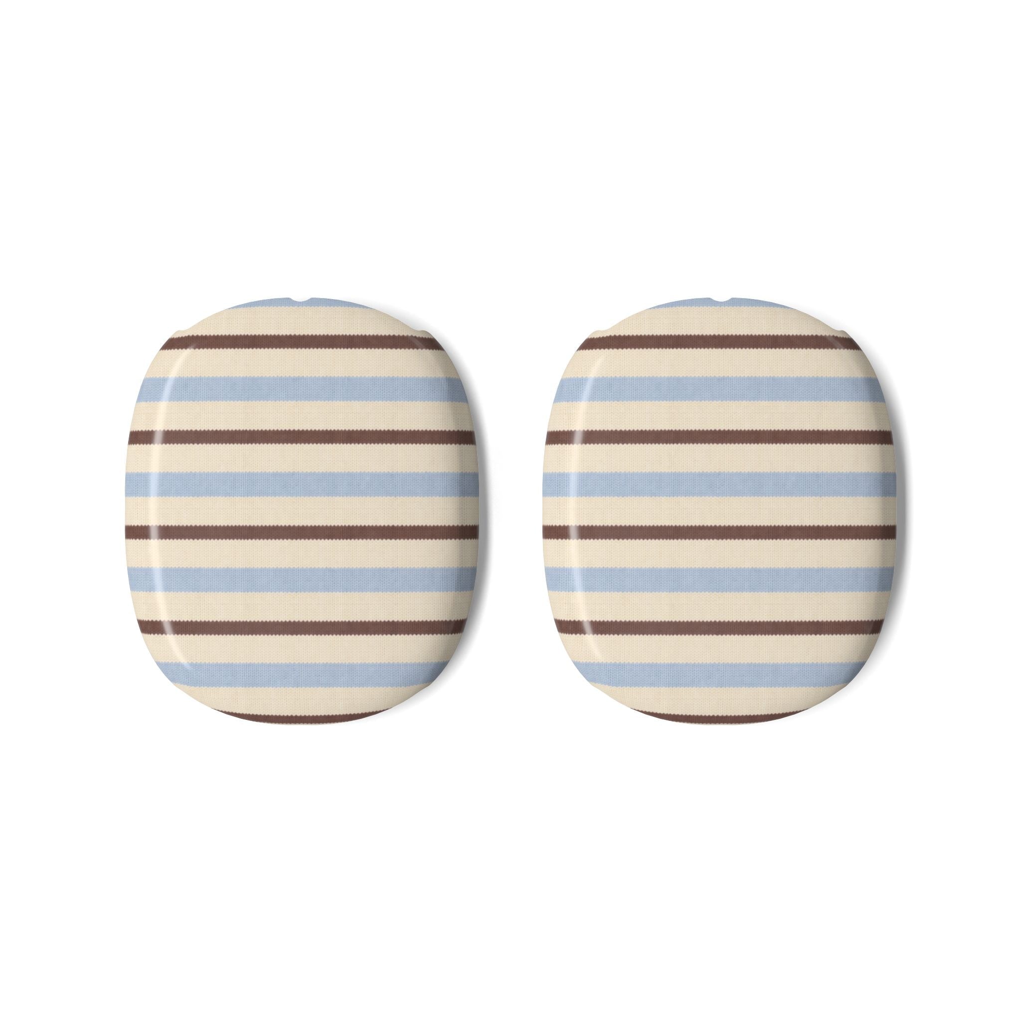 Pair of AirPods Max ear pad covers, striped fabric in blue, cream, and honey brown