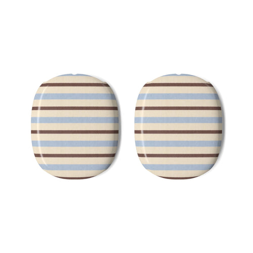 Pair of AirPods Max ear pad covers, striped fabric in blue, cream, and honey brown