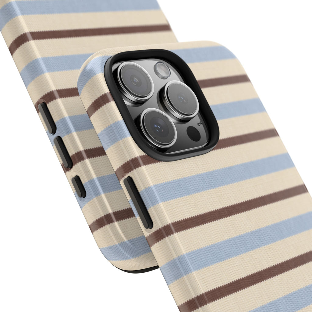 Diagonal view honey-brown and blue striped phone case with raised camera bump