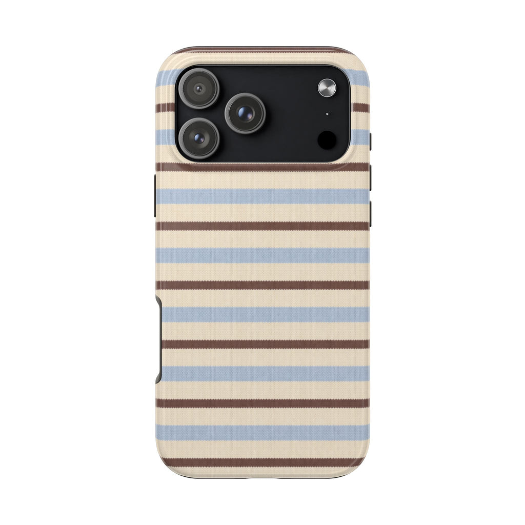 Back view honey-brown and blue striped phone case, camera cutouts visible