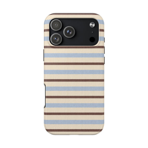 Back view honey-brown and blue striped phone case, camera cutouts visible