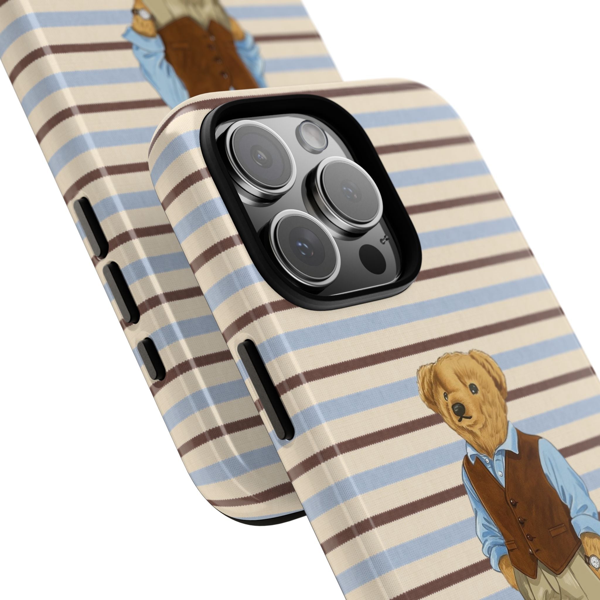 Angled striped phone case with teddy bear partially, phone camera lenses visible