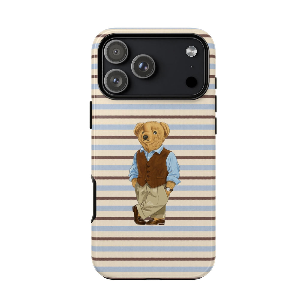 Striped phone case with teddy bear character on front, camera cutout visible