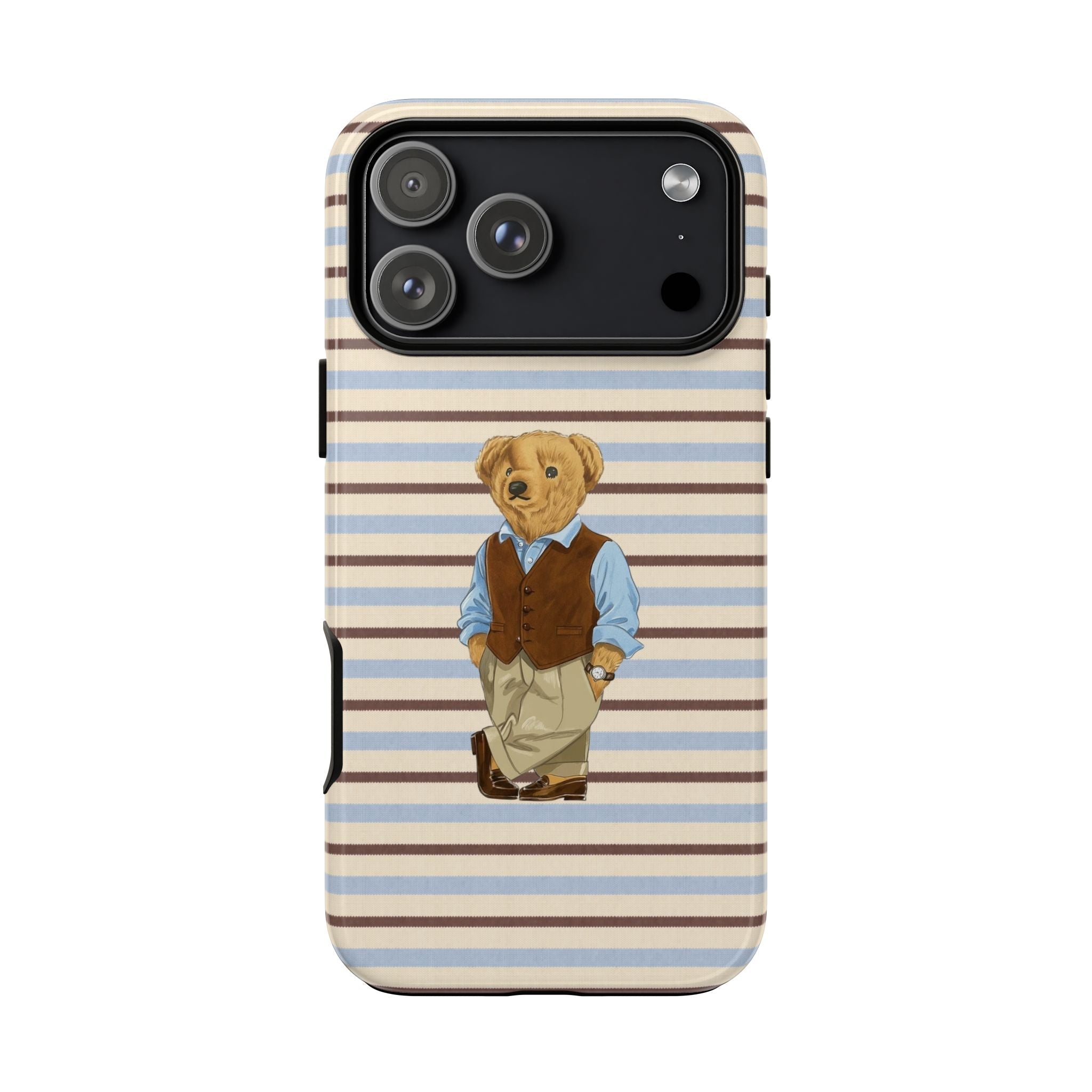 Striped phone case with teddy bear character on front, camera cutout visible