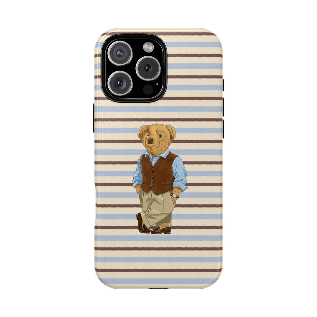 Honey brown and blue striped phone case with teddy bear in vest and blue shirt
