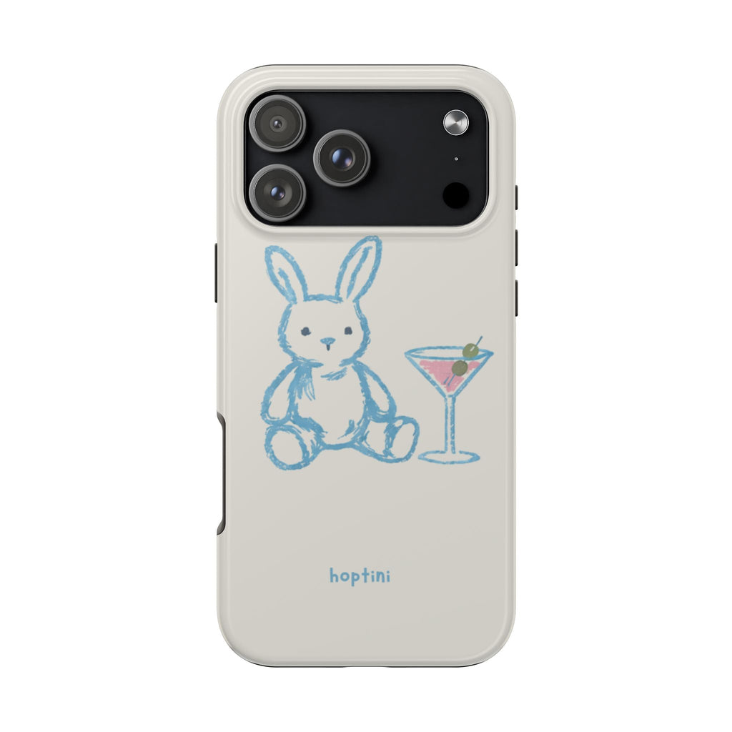 Cream phone case with blue rabbit and martini graphic, raised camera frame