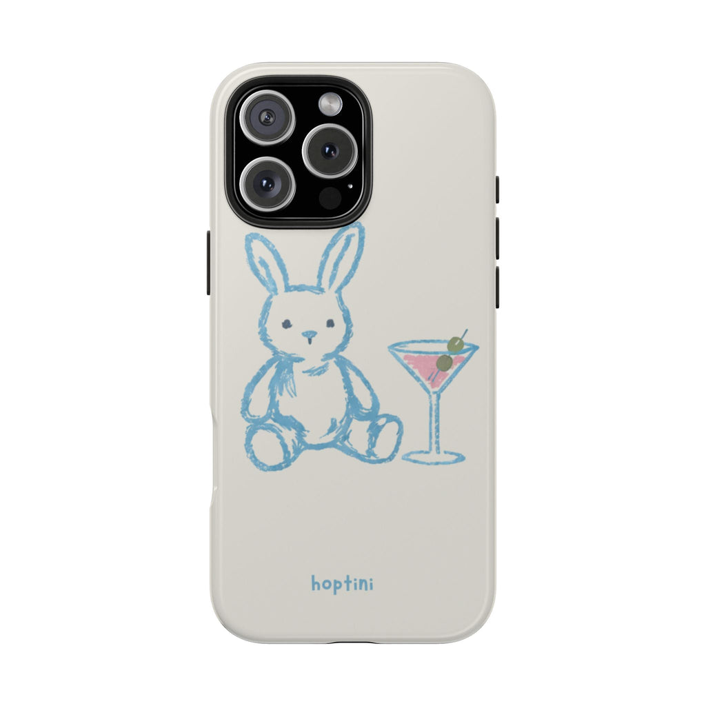 Light cream phone case with blue bunny holding a martini, camera cutouts