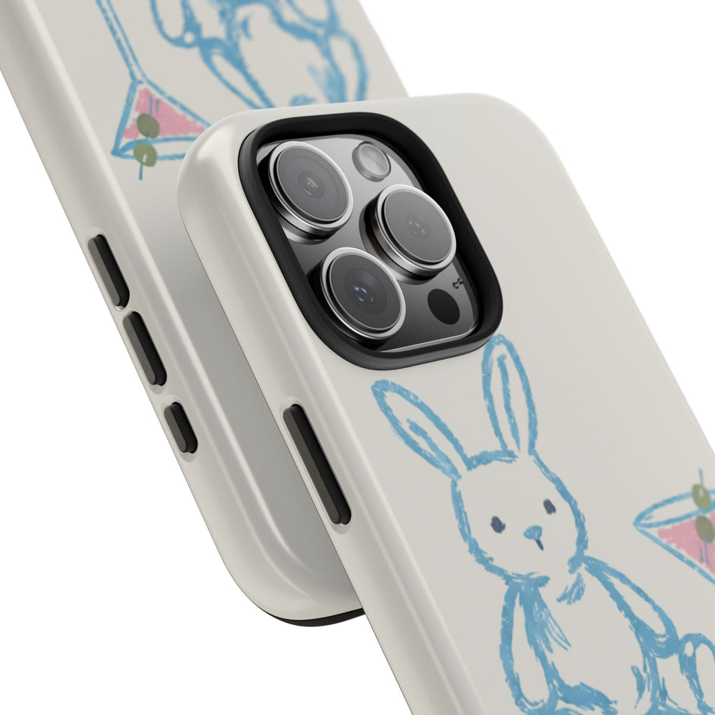 Side view of light cream phone case with blue rabbit print and camera bump cutout