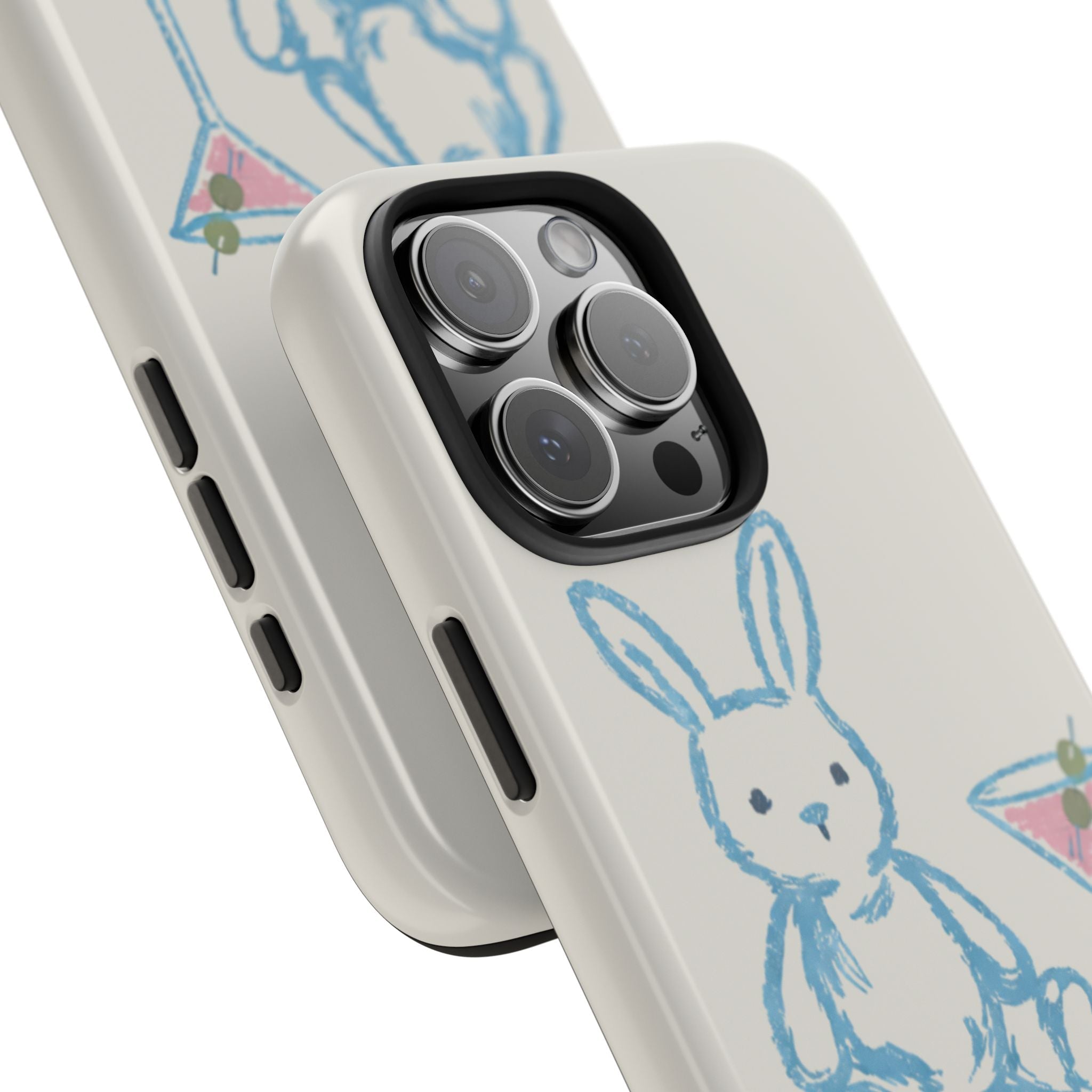 Side view of light cream phone case with blue rabbit print and camera bump cutout