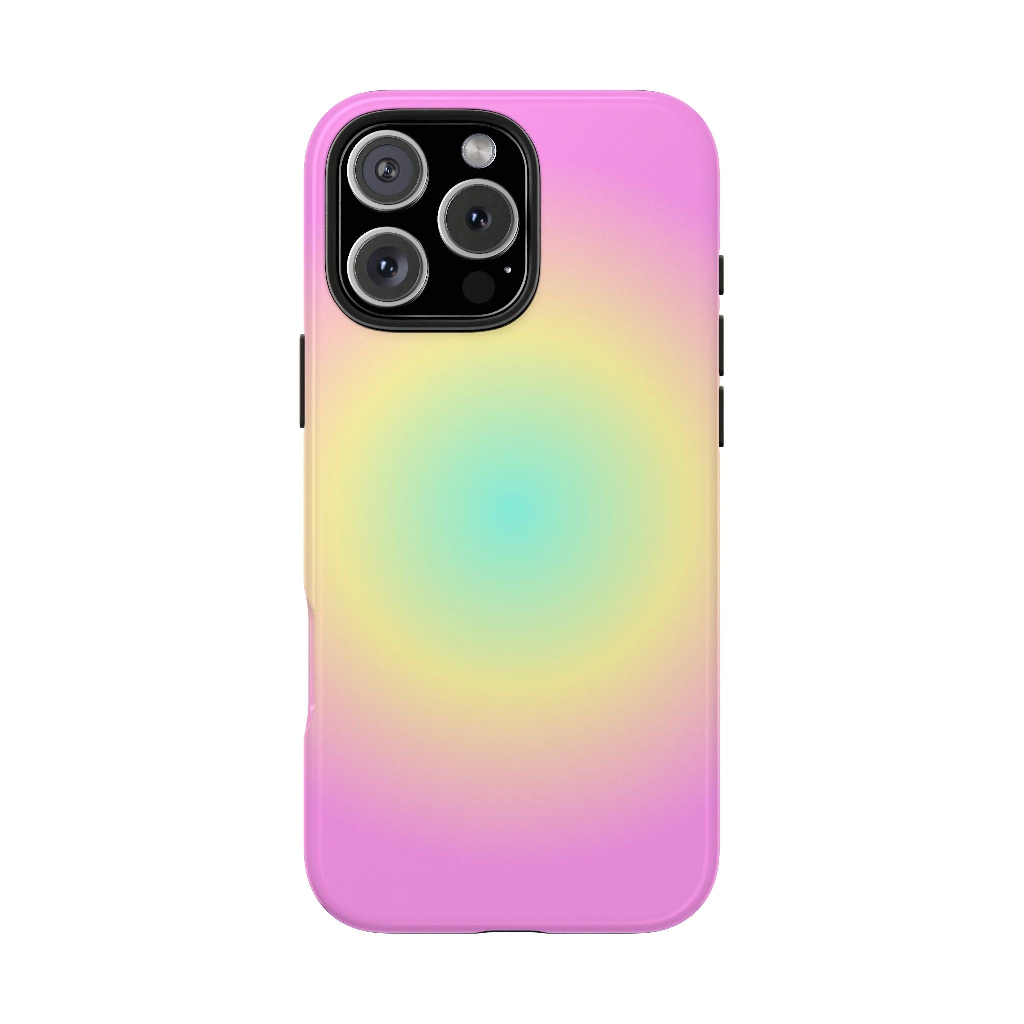 Hot pink sun aura phone case, pastel rainbow gradient with 4-lens camera cover