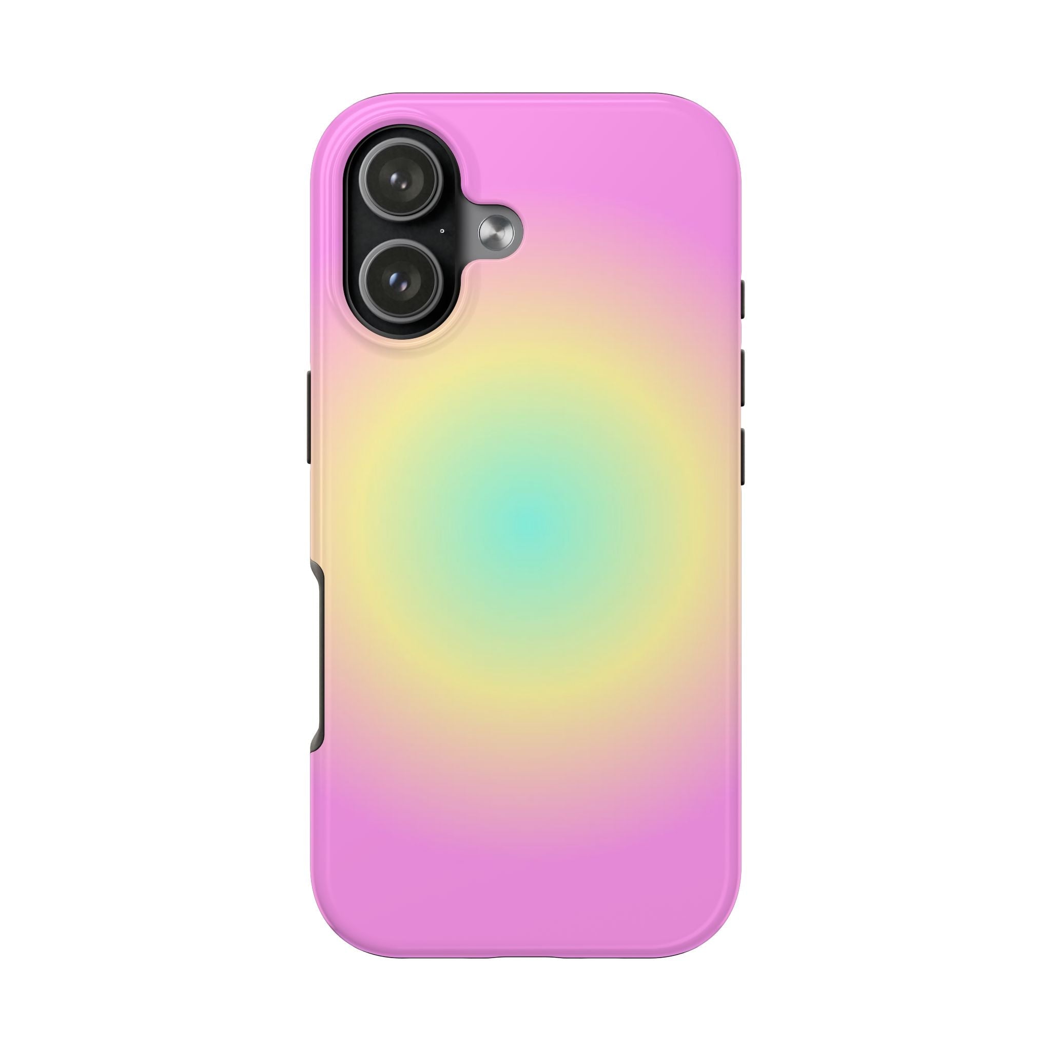 Hot pink sun aura phone case with pastel rainbow circle and camera cutout