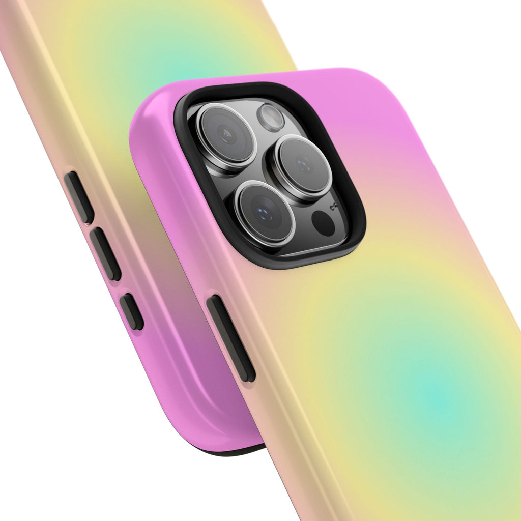 Hot pink sun aura phone case close-up, rainbow gradient with side buttons