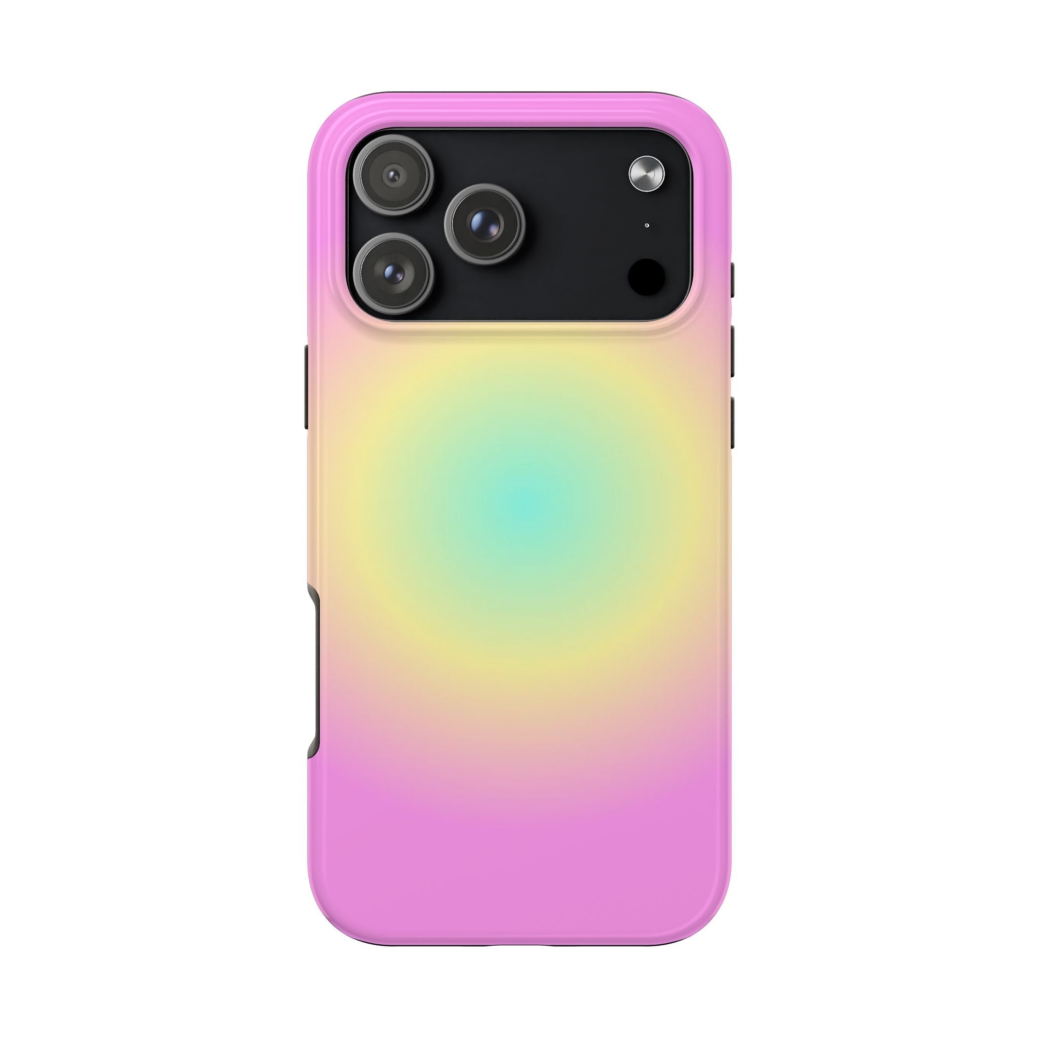 Hot pink sun aura phone case with rainbow swirl and raised black camera frame