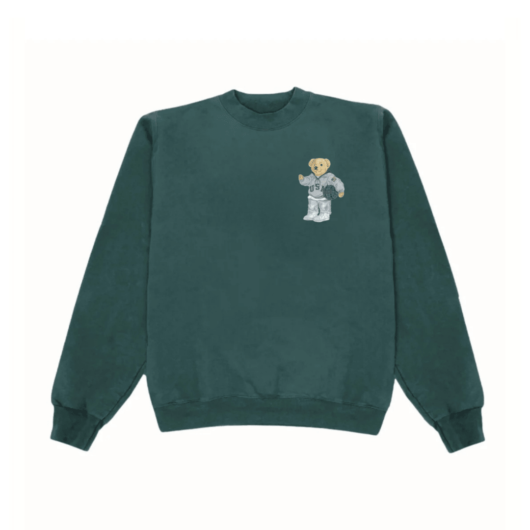 Hunter green crewneck sweatshirt with small teddy bear graphic on the chest