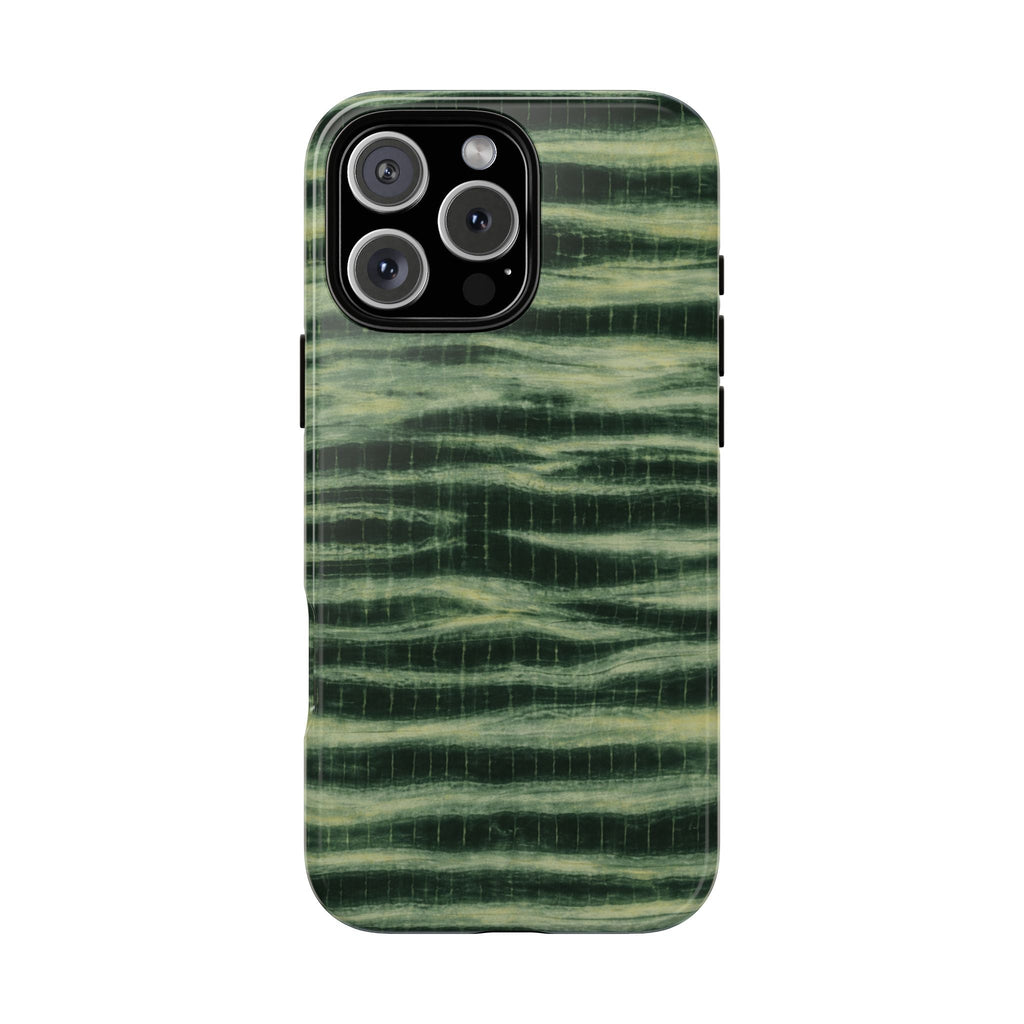 Hunter green phone case with coastal wash texture and raised camera lens cutout