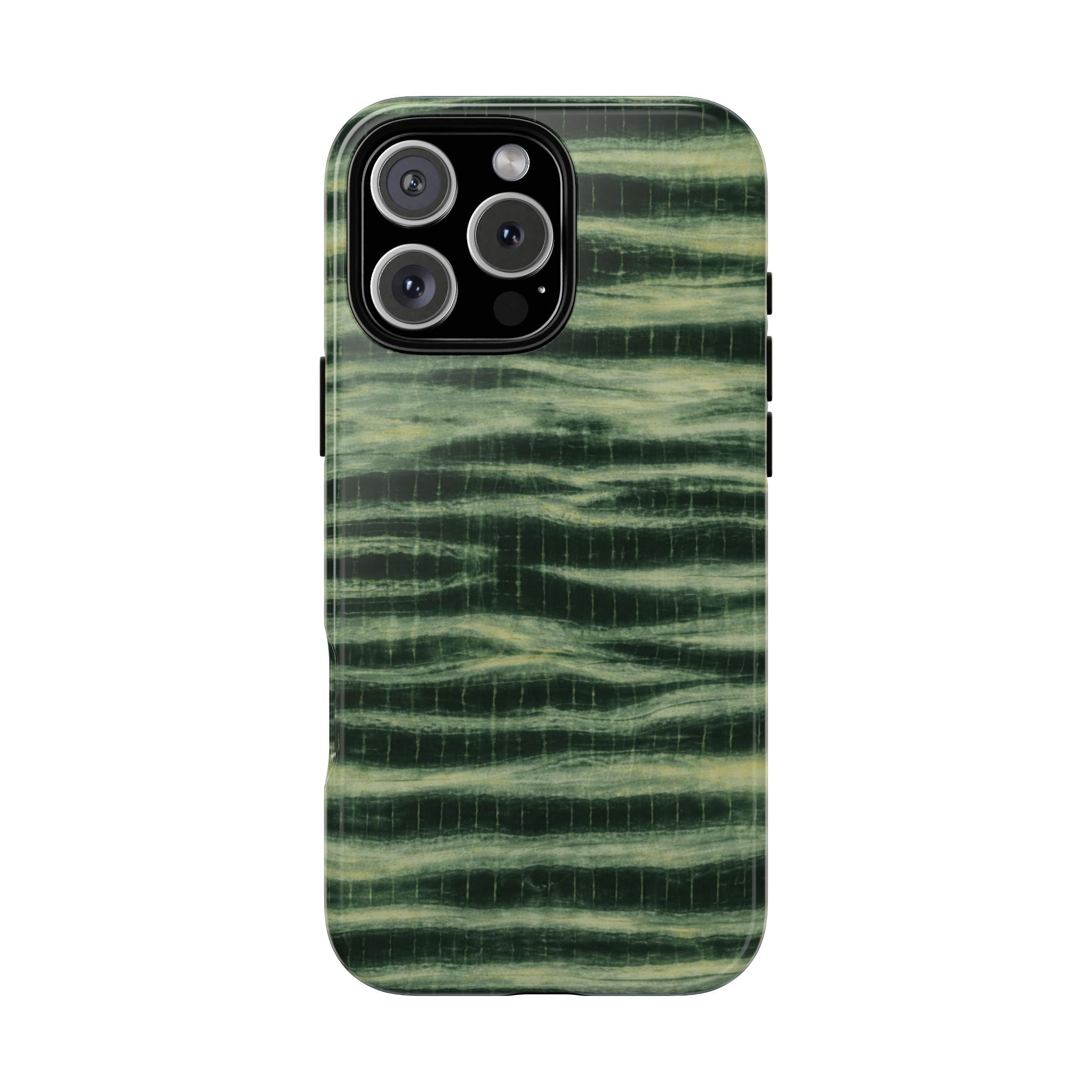 Hunter green phone case with coastal wash texture and raised camera lens cutout