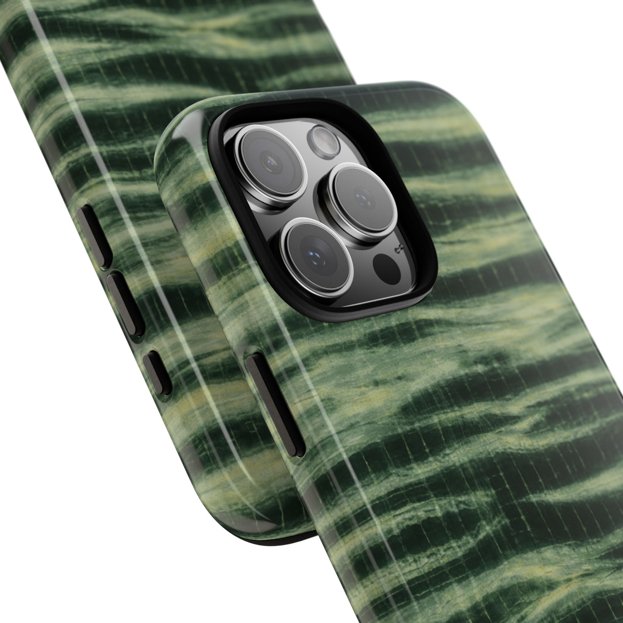 Hunter green coastal wash phone case showing side buttons and camera lens cutout