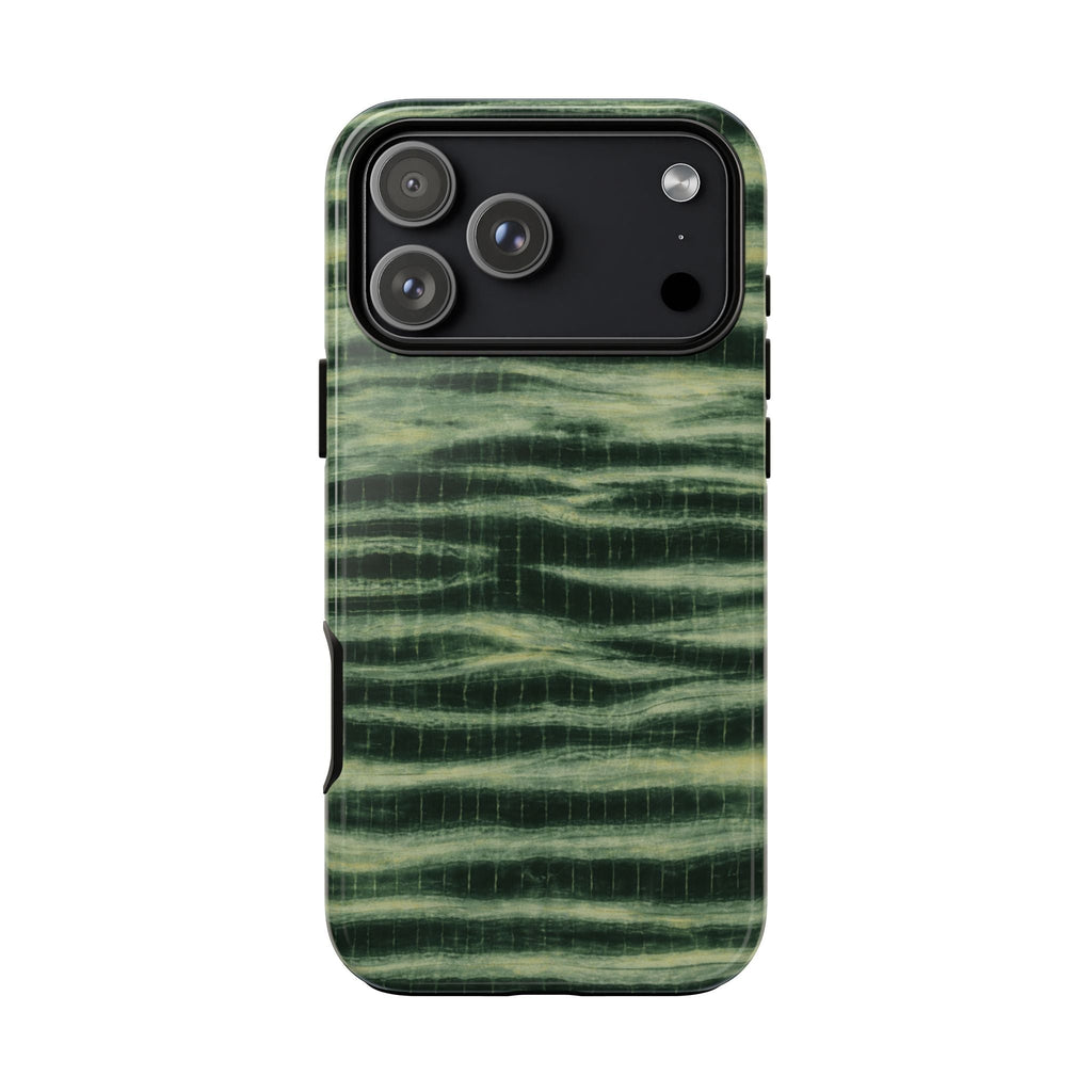 Dark green phone case, coastal wash pattern with camera module protection and cutouts