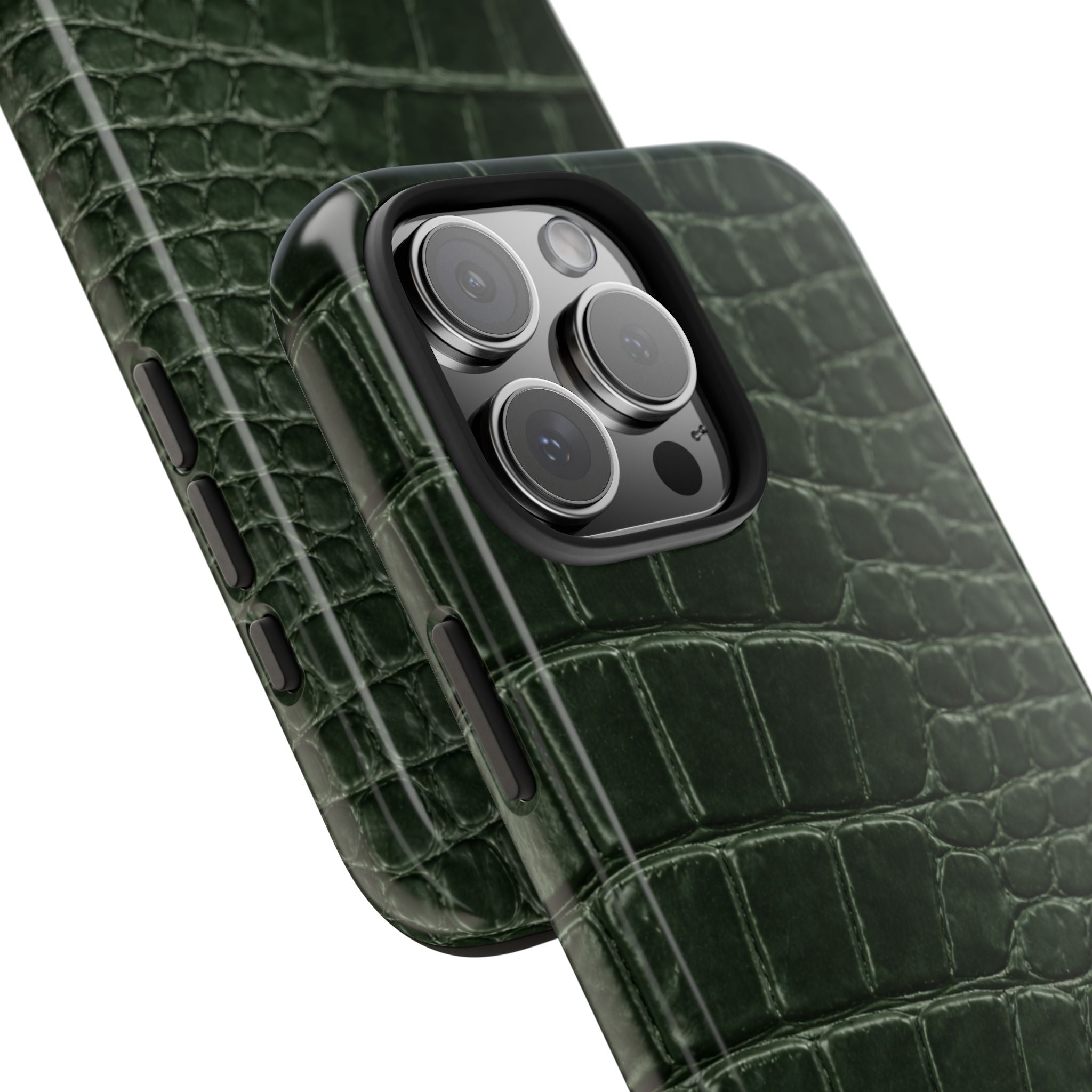 Hunter green croc phone case detail, side buttons and camera lens cutout