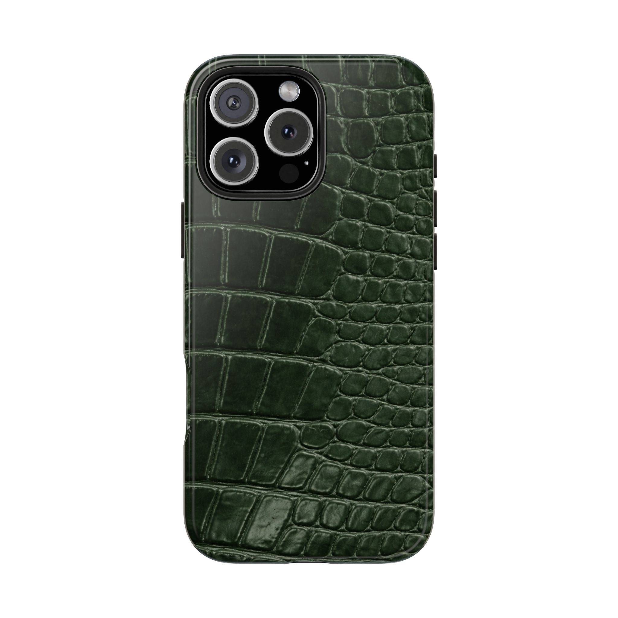 Hunter green croc phone case, glossy, camera cutouts and raised edges