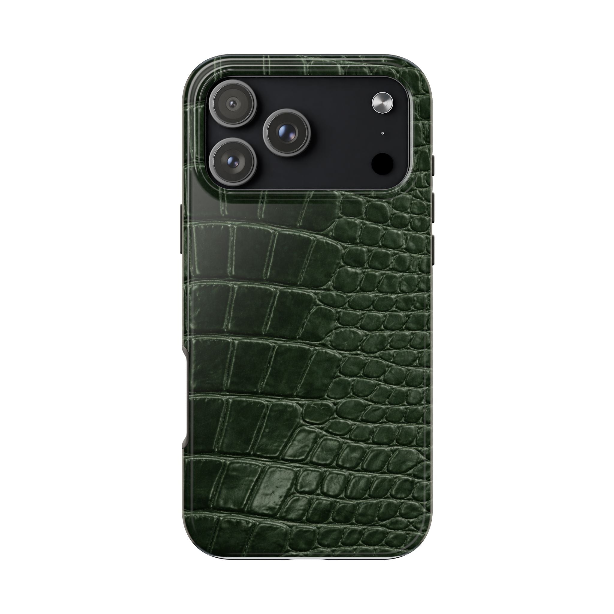 Hunter green croc phone case, glossy finish, camera cutouts