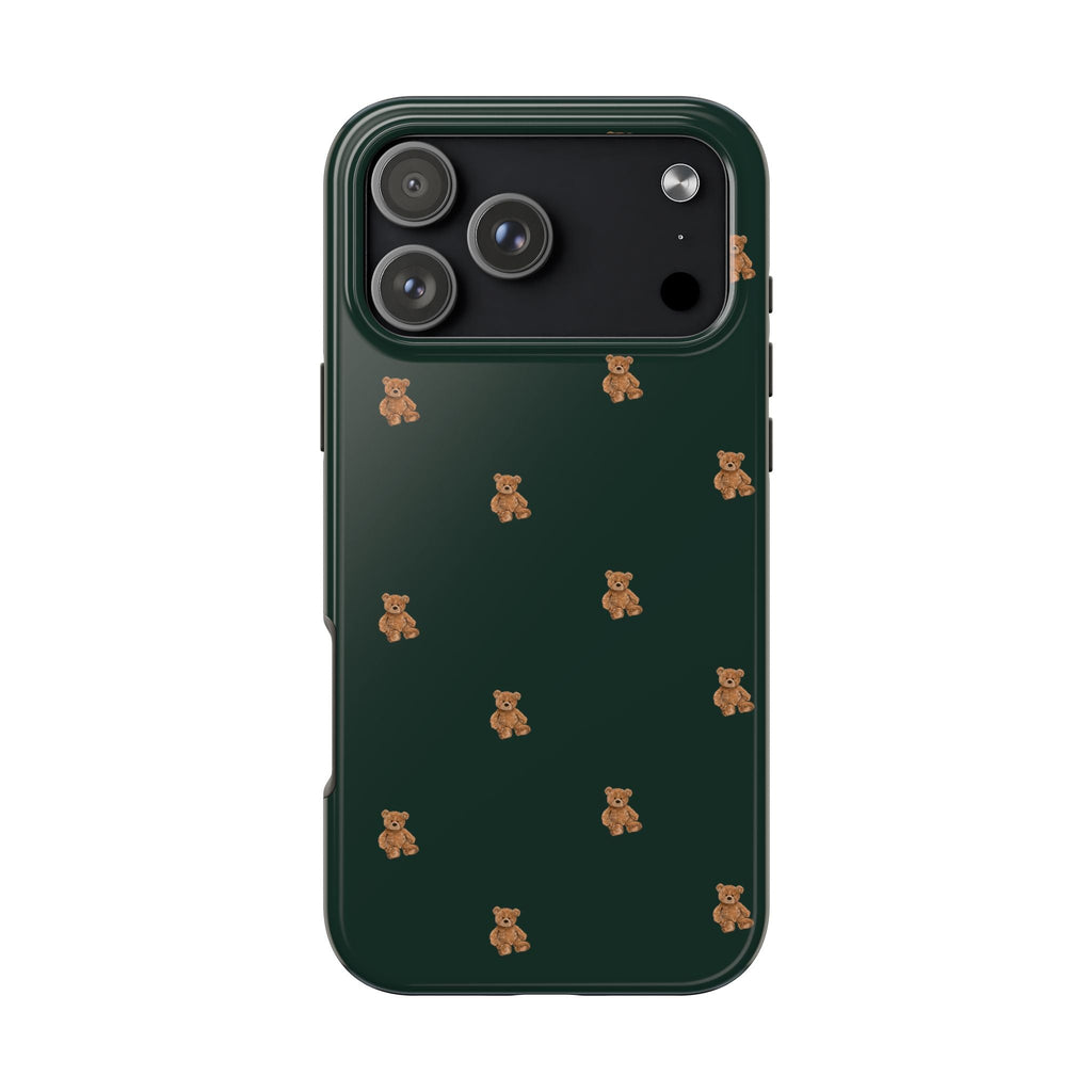Hunter green phone case with small teddy bear pattern, camera cutout and buttons