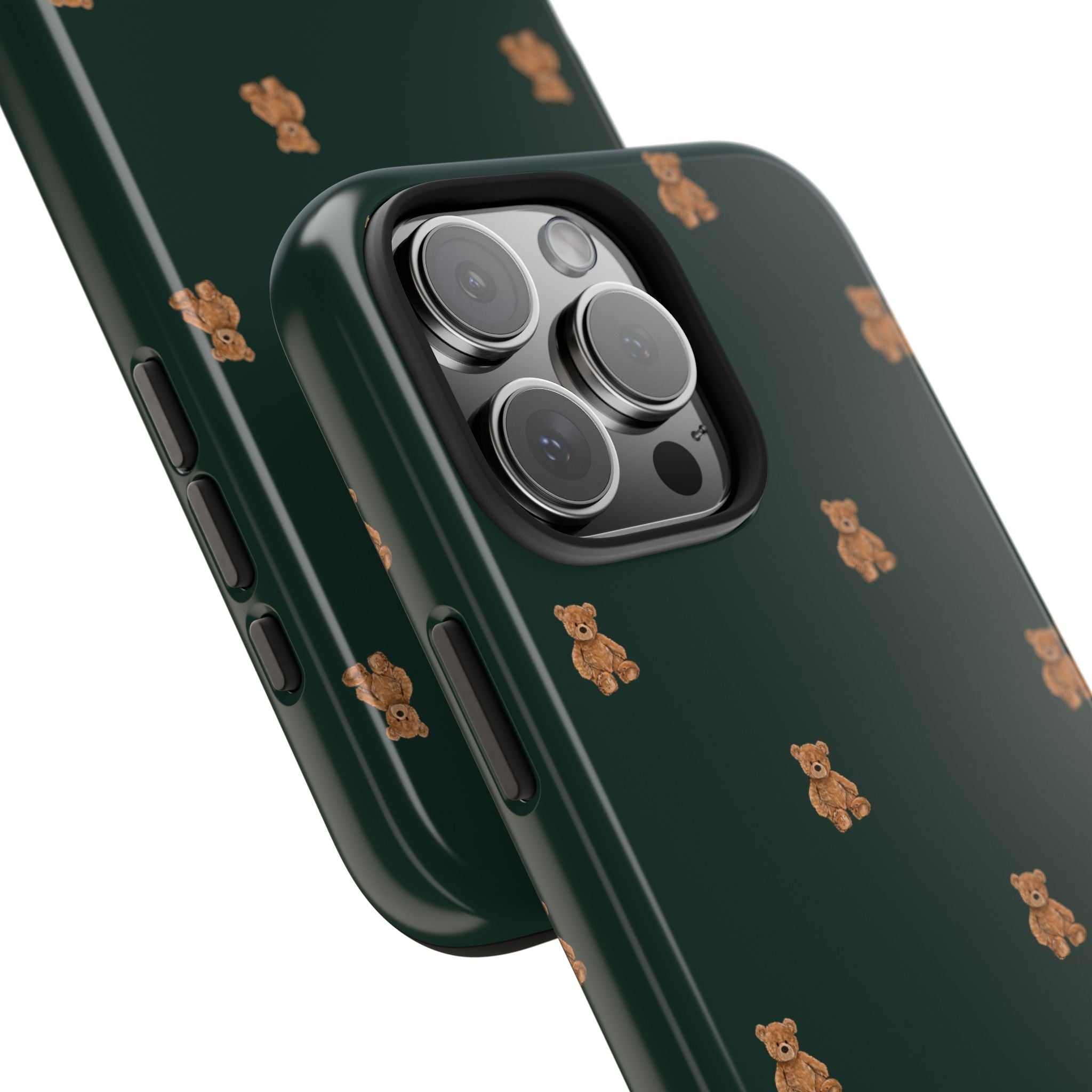 Side view of hunter green phone case with teddy bear print and camera lens openings