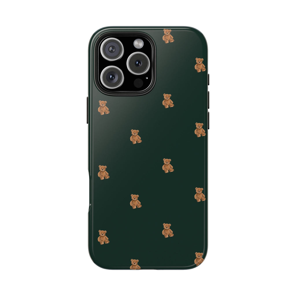 Hunter green minimalist teddy bear phone case pattern with camera module cutout