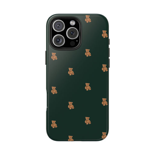 Hunter green minimalist teddy bear phone case pattern with camera module cutout