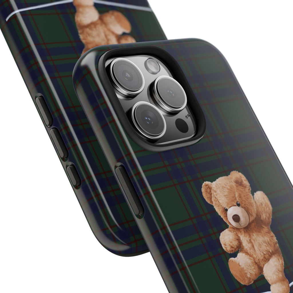 Green plaid phone case corner with raised camera cutouts and teddy bear