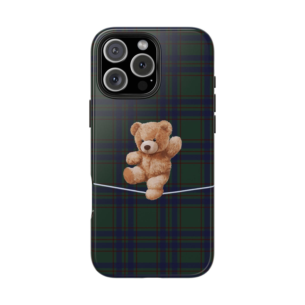 Green plaid phone case with teddy bear appliqué, centered back view