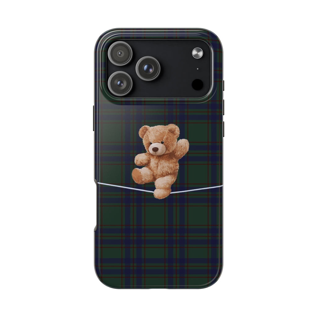 Hunter green plaid phone case with teddy bear patch, front view