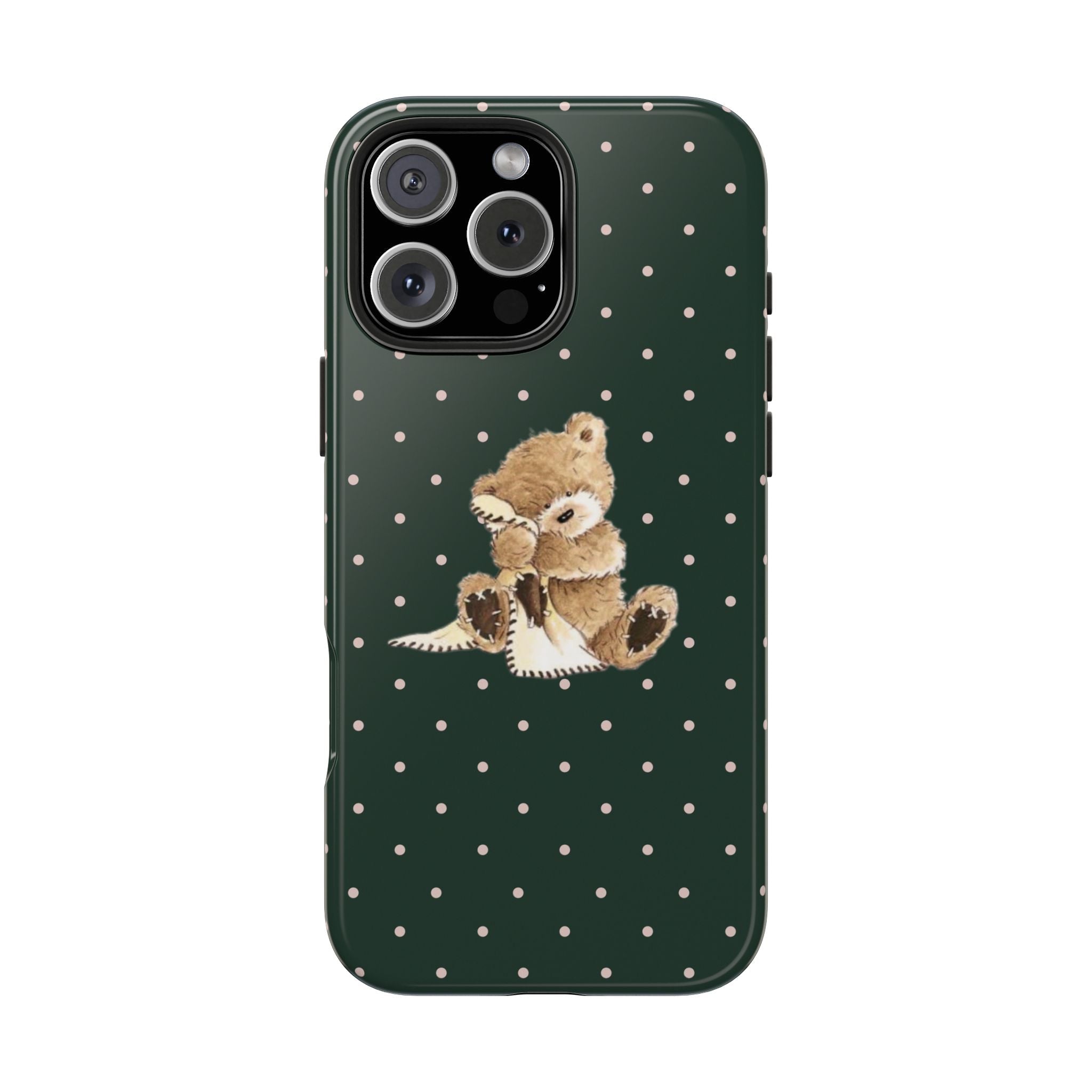 Hunter green polka dot phone case with small teddy bear sitting center front