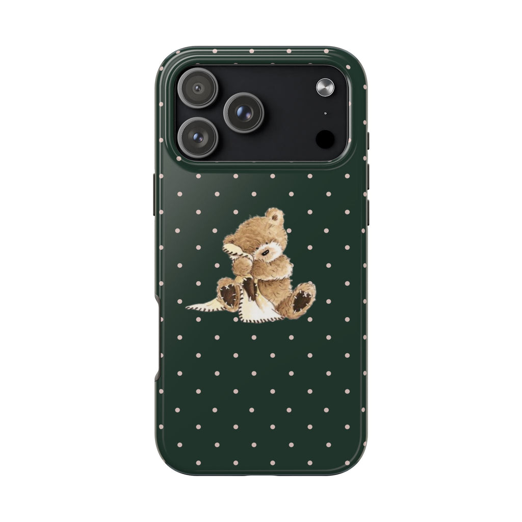 Hunter green polka dot phone case with cozy teddy bear appliqué on front