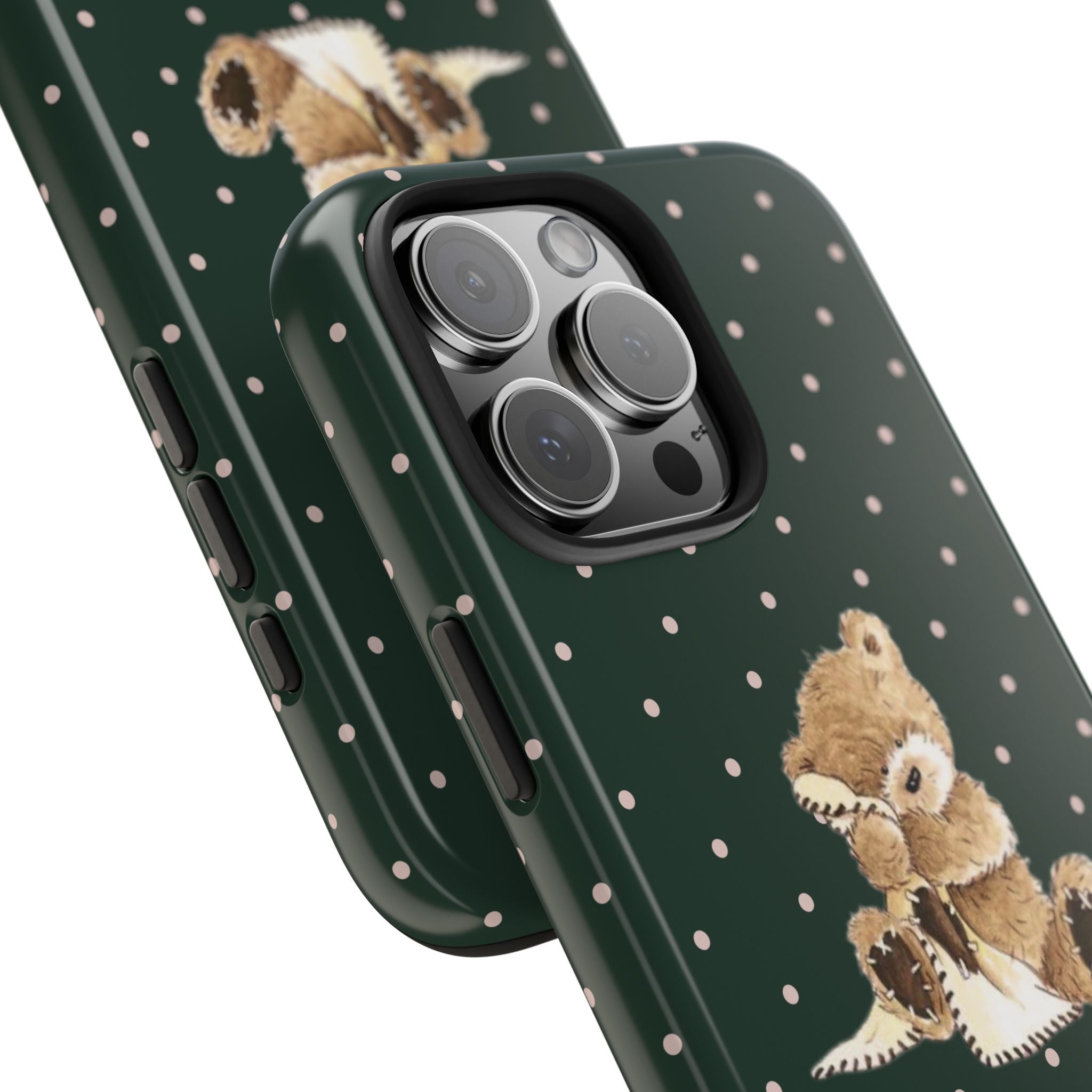 Hunter green polka dot phone case corner view with teddy bear and triple camera cutout