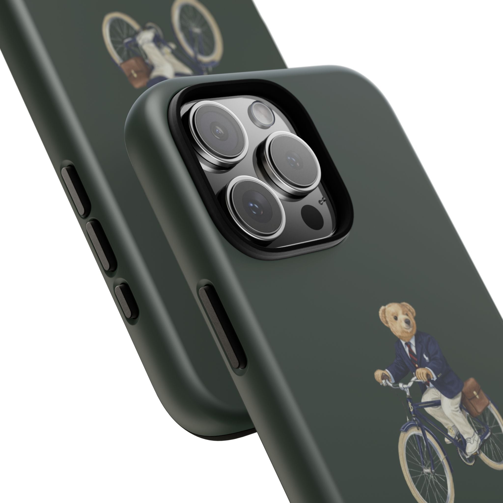 Hunter green bike-themed phone case with raised camera ring and side button cutouts