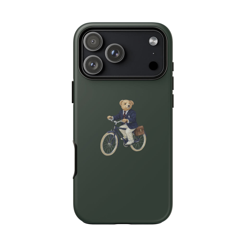 Hunter green phone case with bear rider on bicycle graphic and camera cutouts
